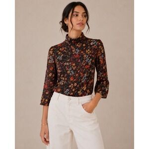 Tahari Womens Floral Mesh Turtleneck‎ Top Long Sleeve Puff Shoulder Black Large